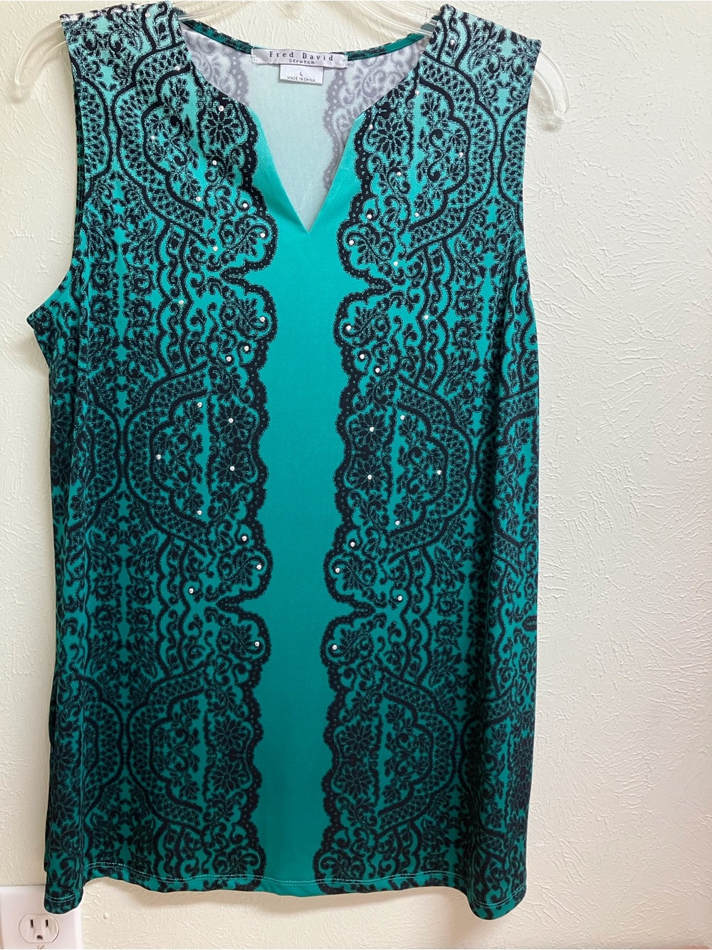 Fred David Teal and Black Sleeveless Tunic with Lace-Like Print
